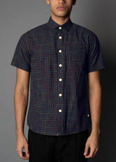 men's short sleeve black graph-check shirt with multicolored threads