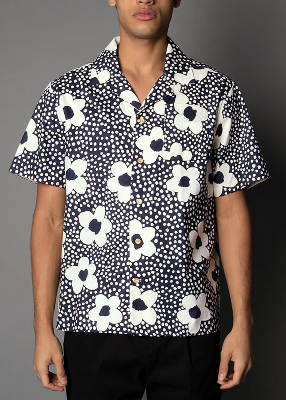 short sleeve men's shirt with a cream floral print
