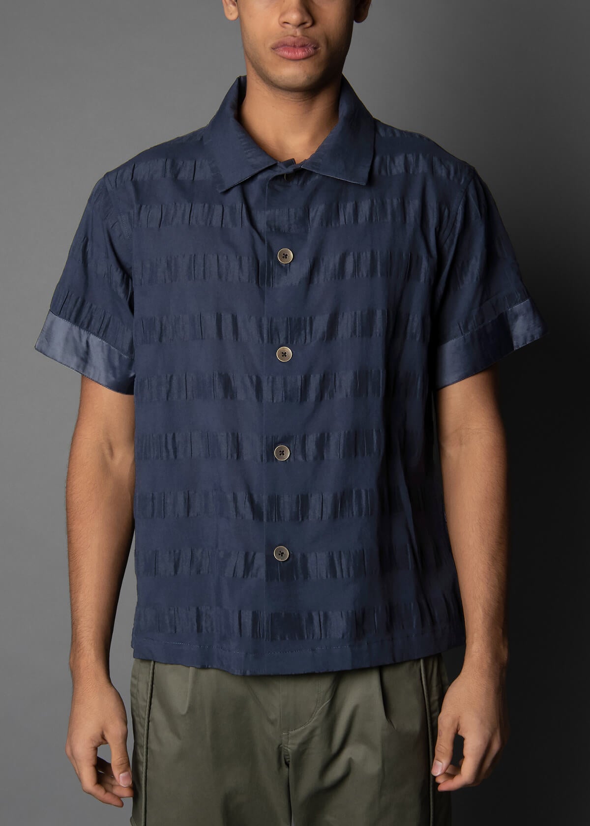 navy short sleeve mens shirt crafted from cotton and linen