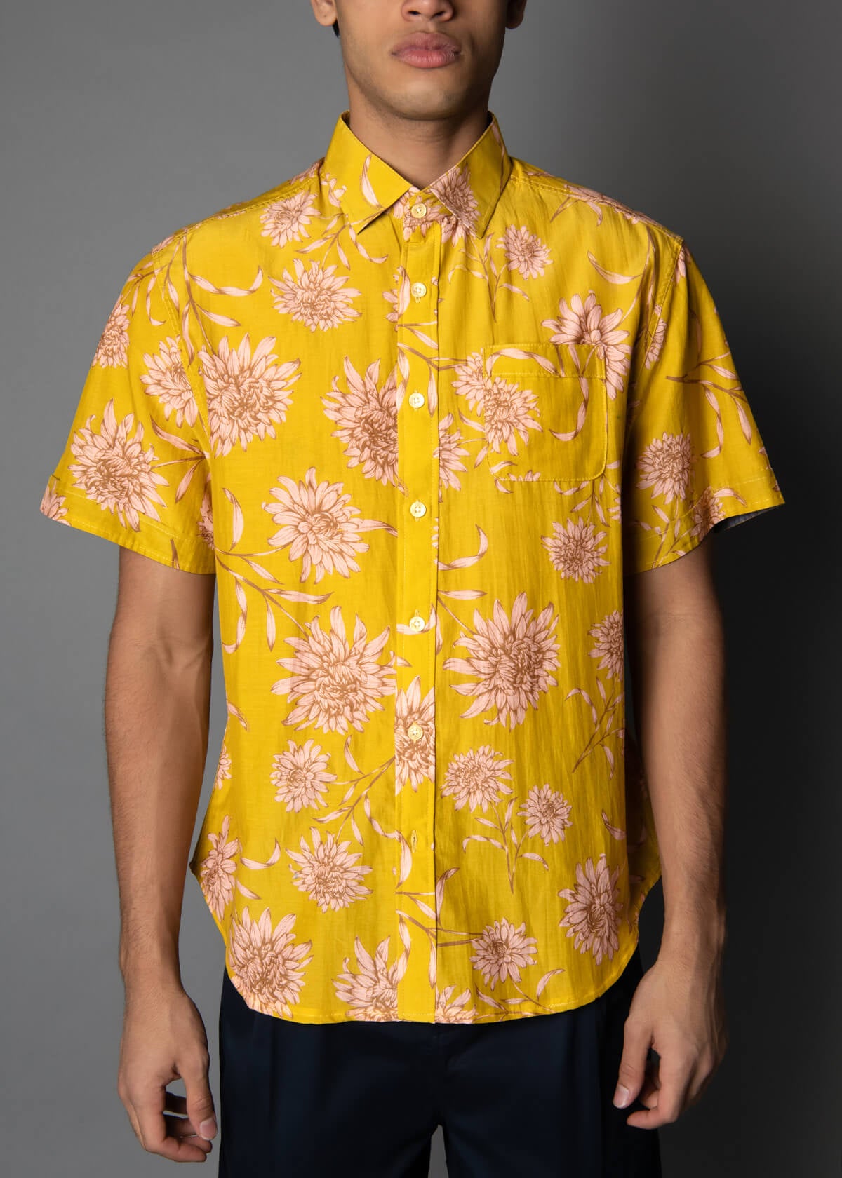 short sleeve yellow mens shirt with floral print