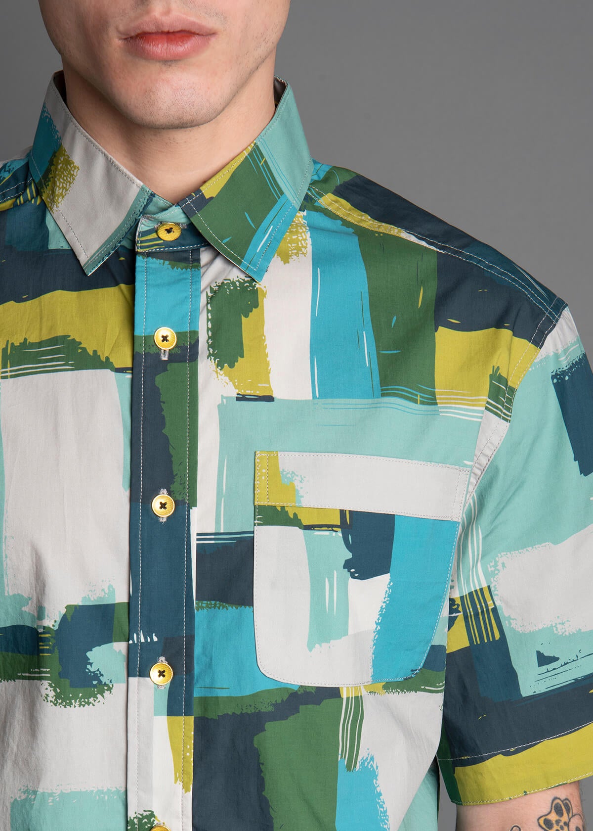 100% cotton short sleeve shirt for men with a block art pattern
