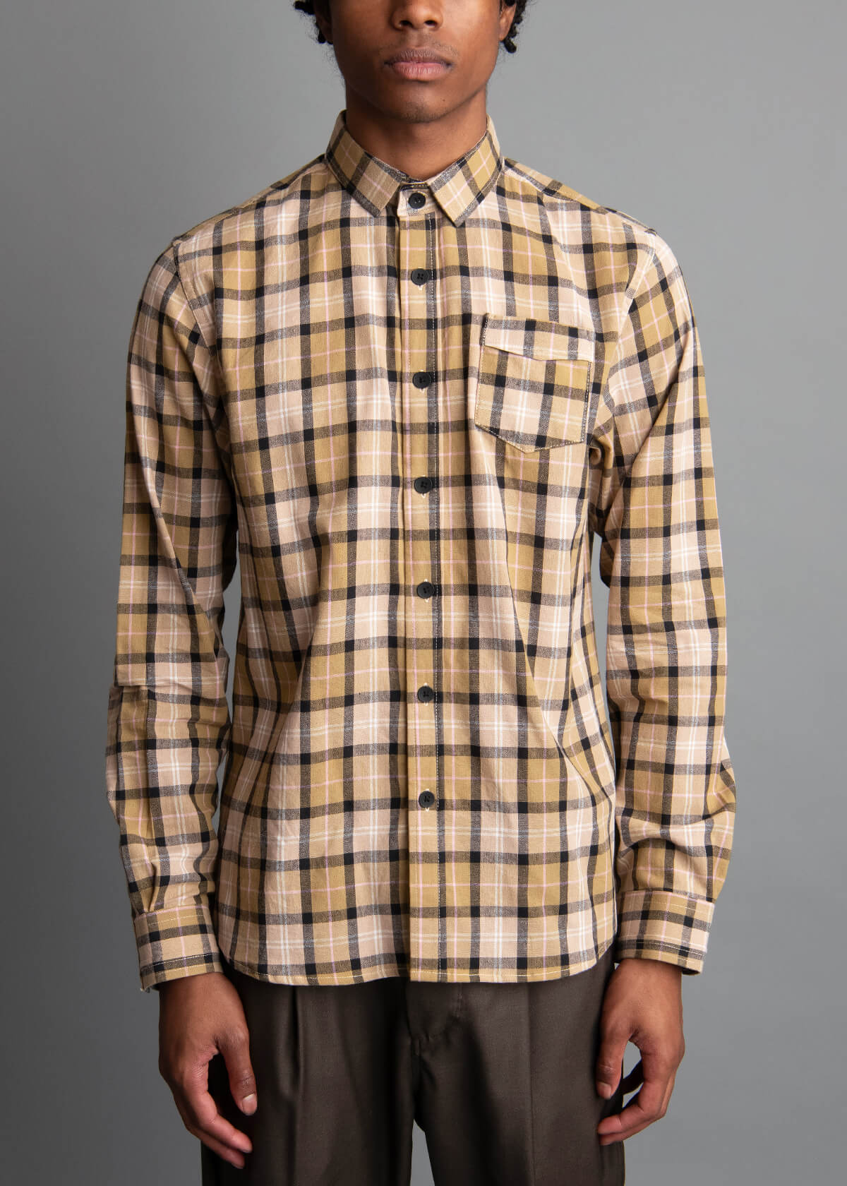 multi-colored earth tone check men's shirt with shades of dune, cream, and black