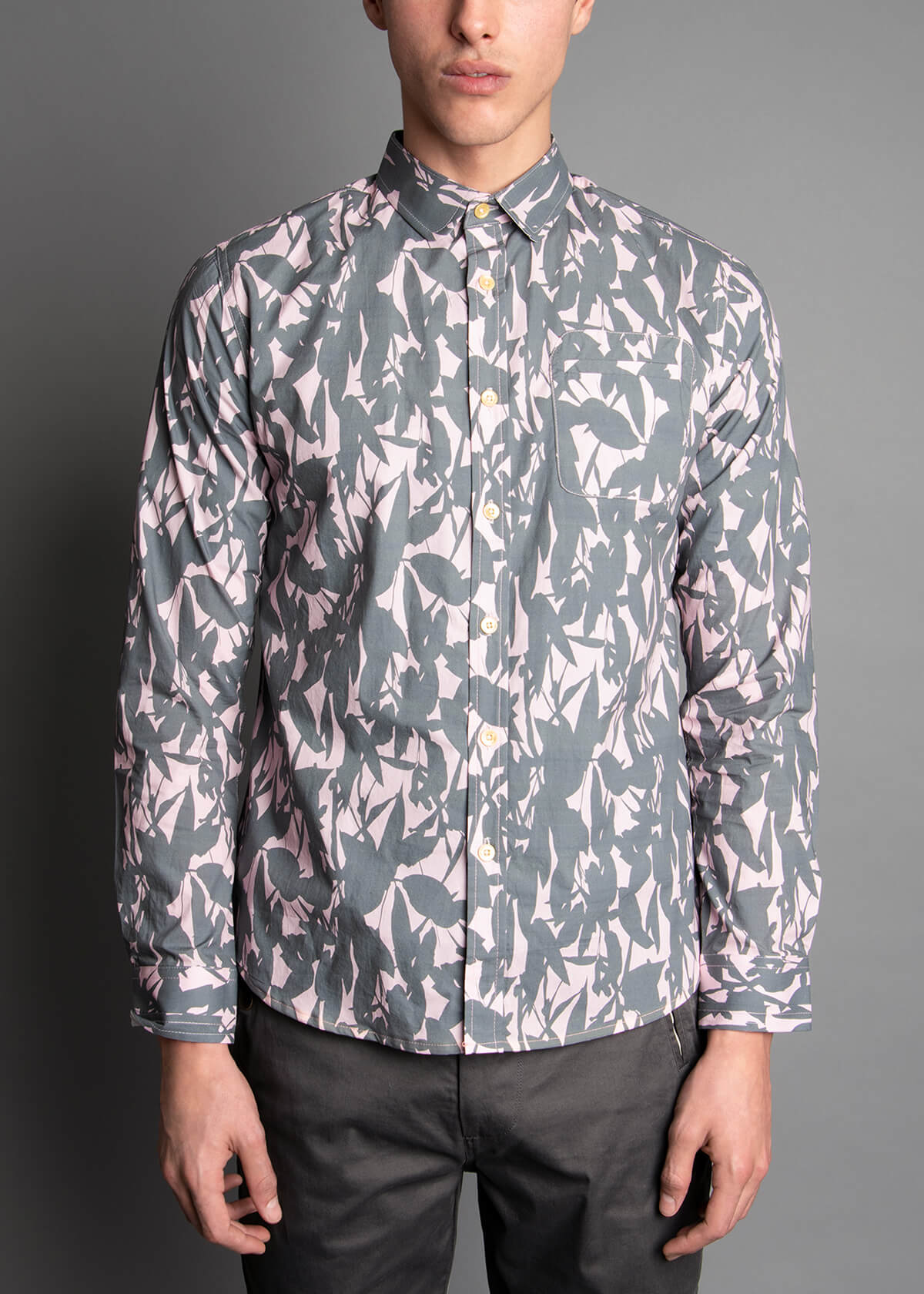 charcoal and rose abstract floral print men's shirt