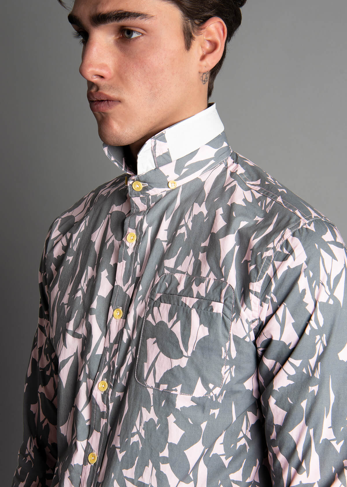 men's shirt with a charcoal and rose floral print