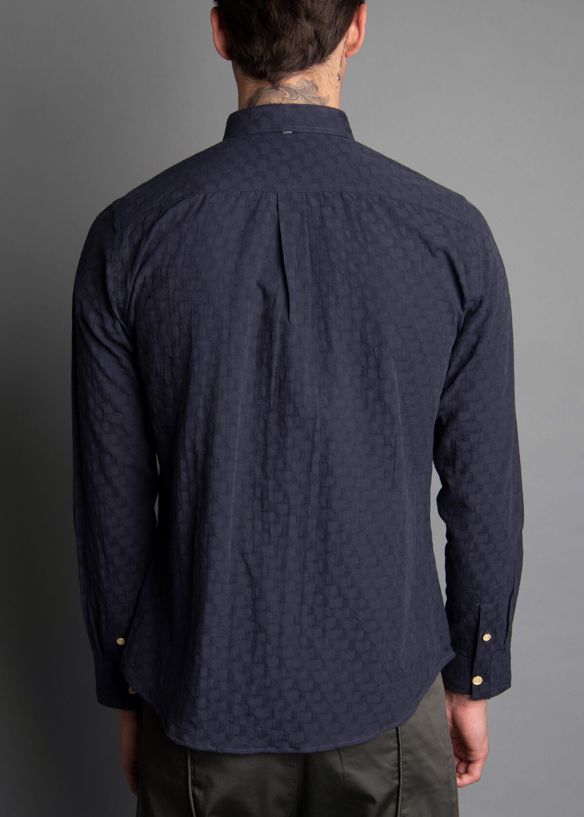 long sleeve navy blue jacquard shirt for men