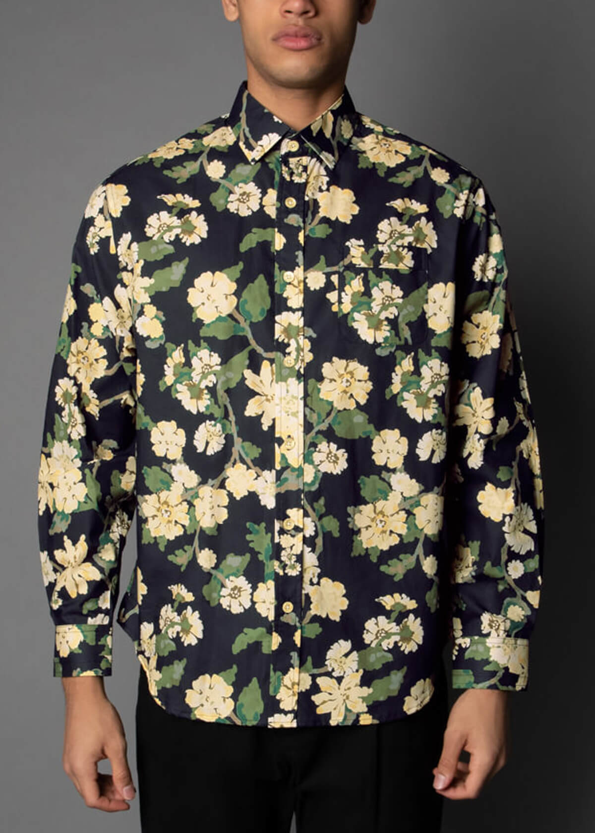 men's black shirt with yellow and green floral print