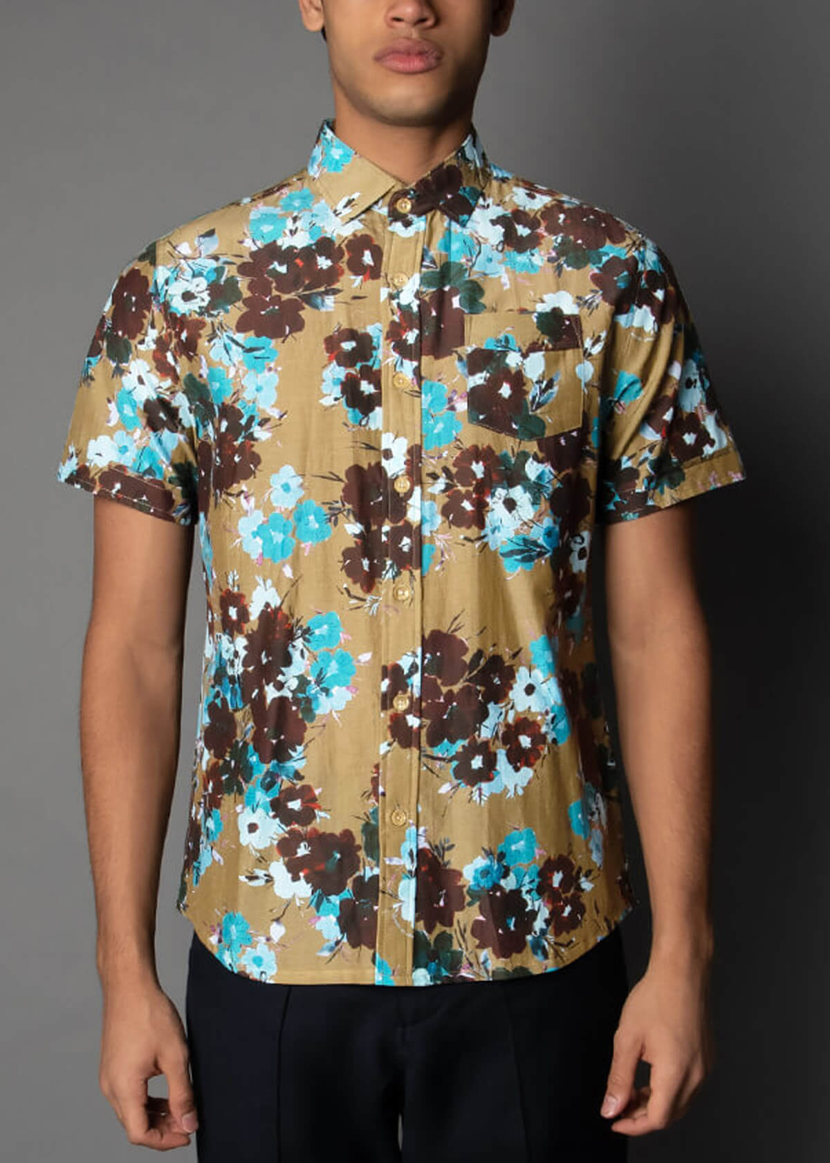 olive army color floral print short sleeve mens shirt