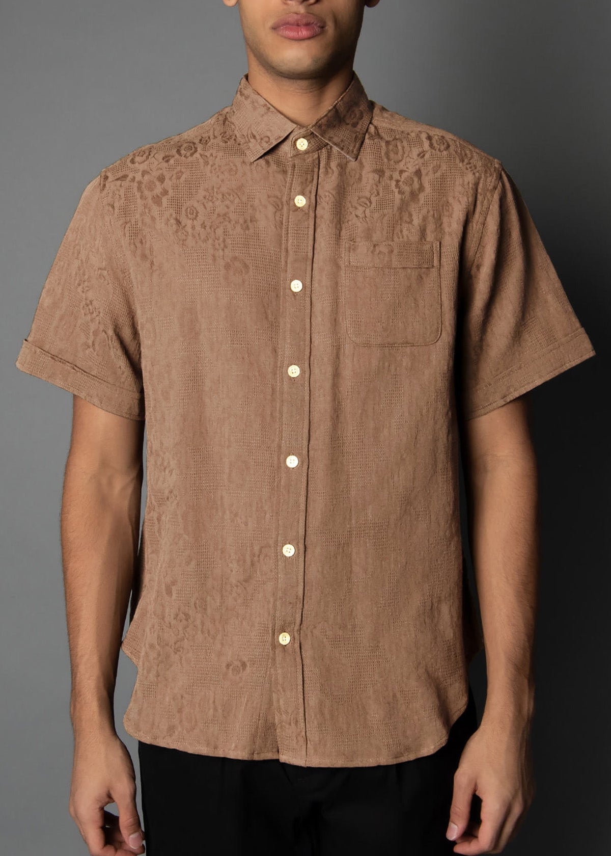 woven cocoa colored short sleeve mens shirt