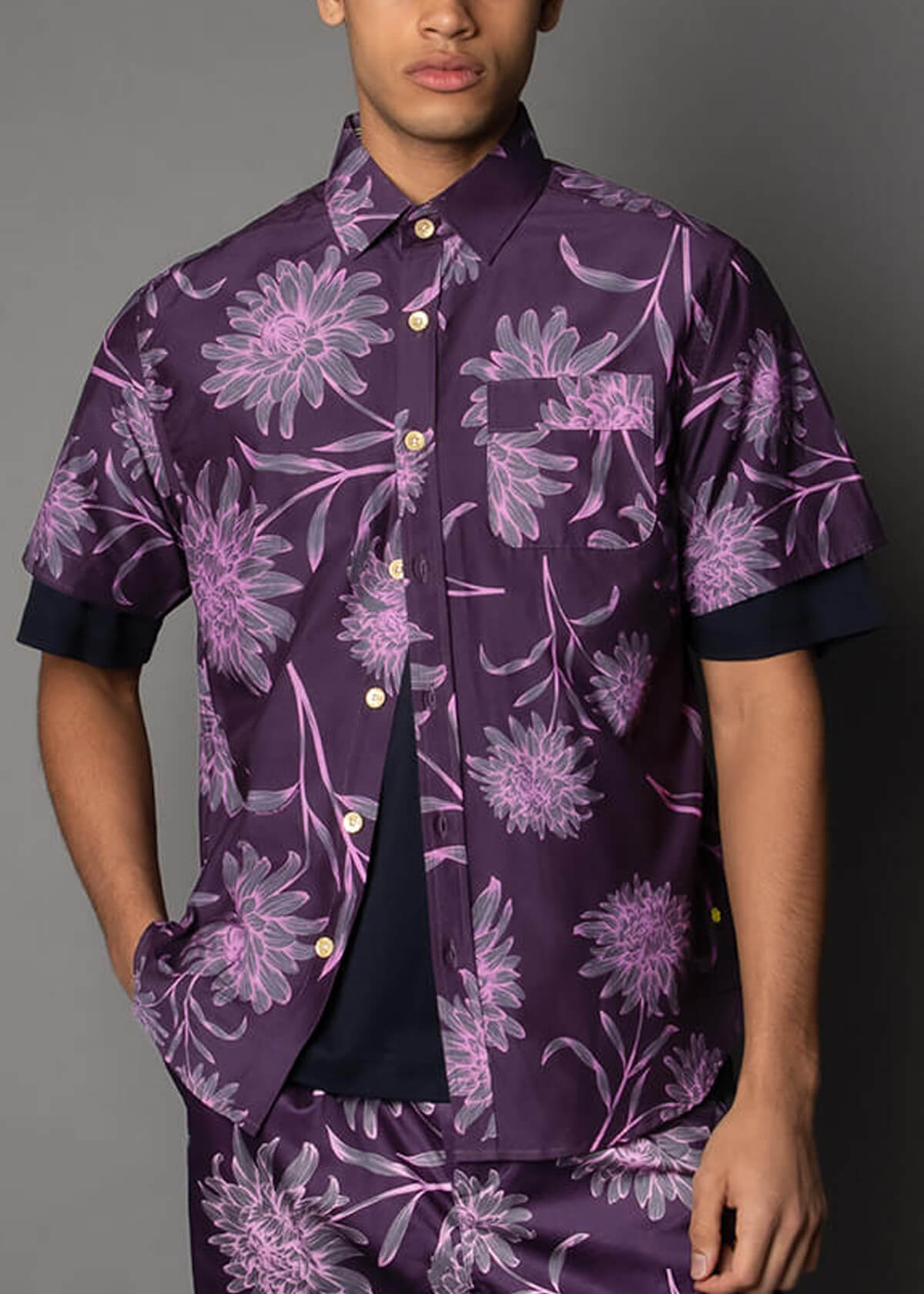 purple short sleeve cotton and silk mens shirt