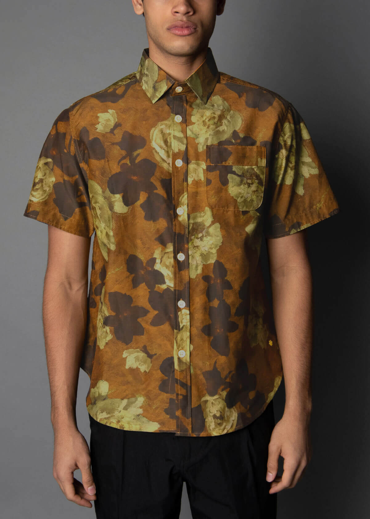 short sleeve mens shirt with a gold floral print