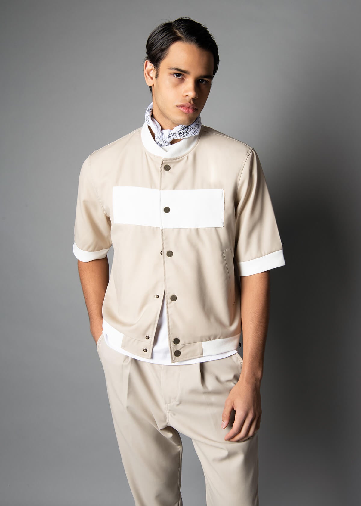short sleeve cream colored snap-front jacket for men