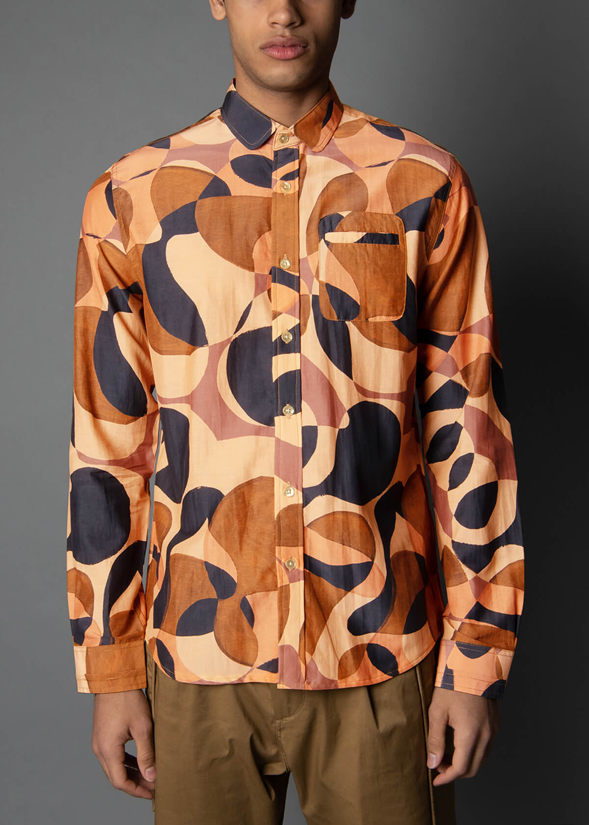 abstract print men's shirt in orange and black