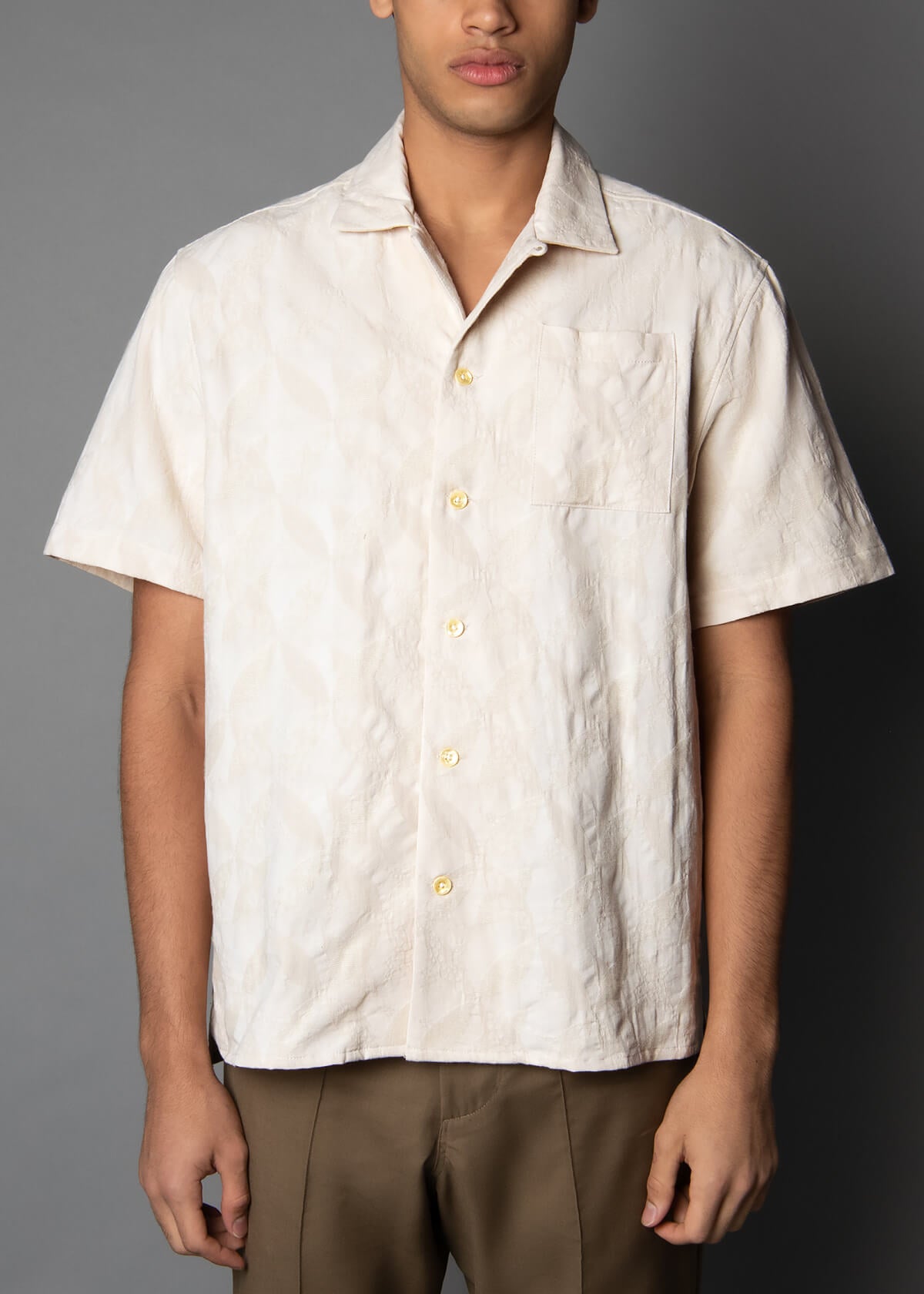 woven jacquard fabric cream short sleeve mens shirt 