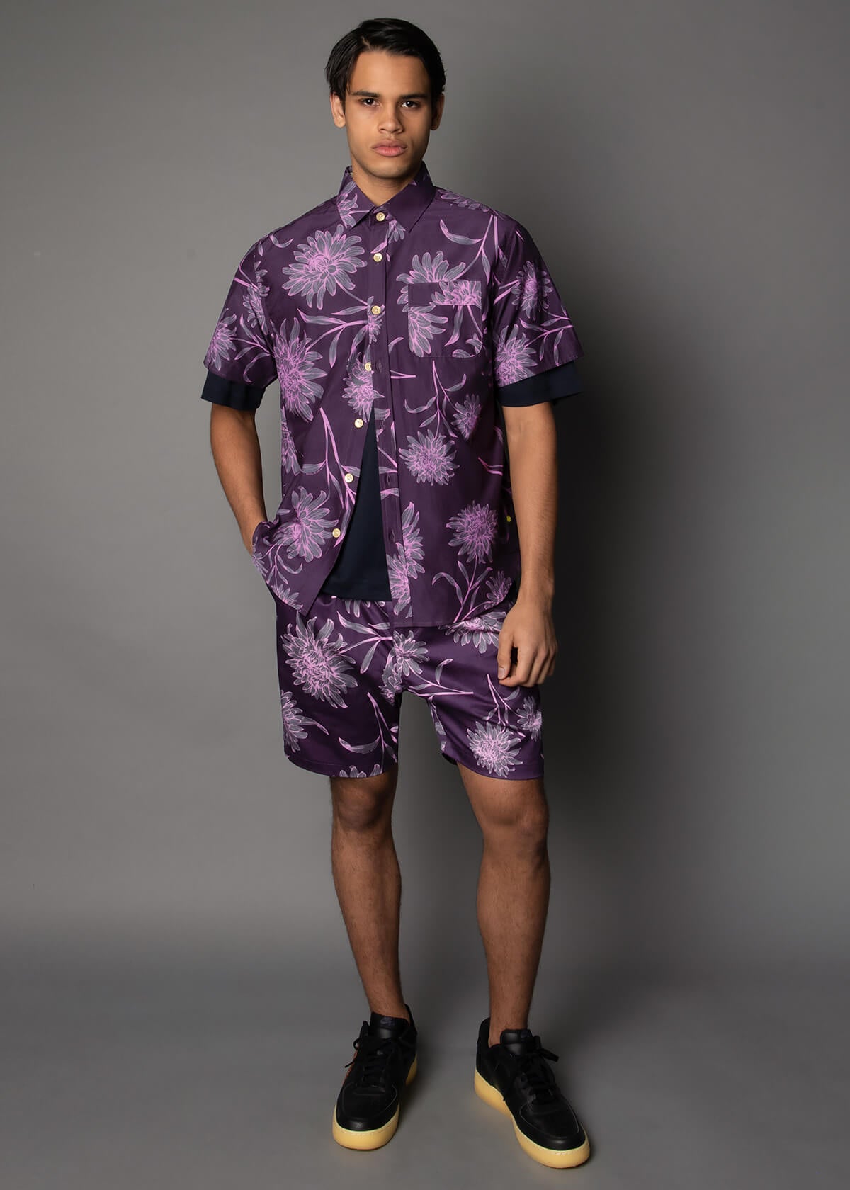 short sleeve purple mens shirt with a floral print