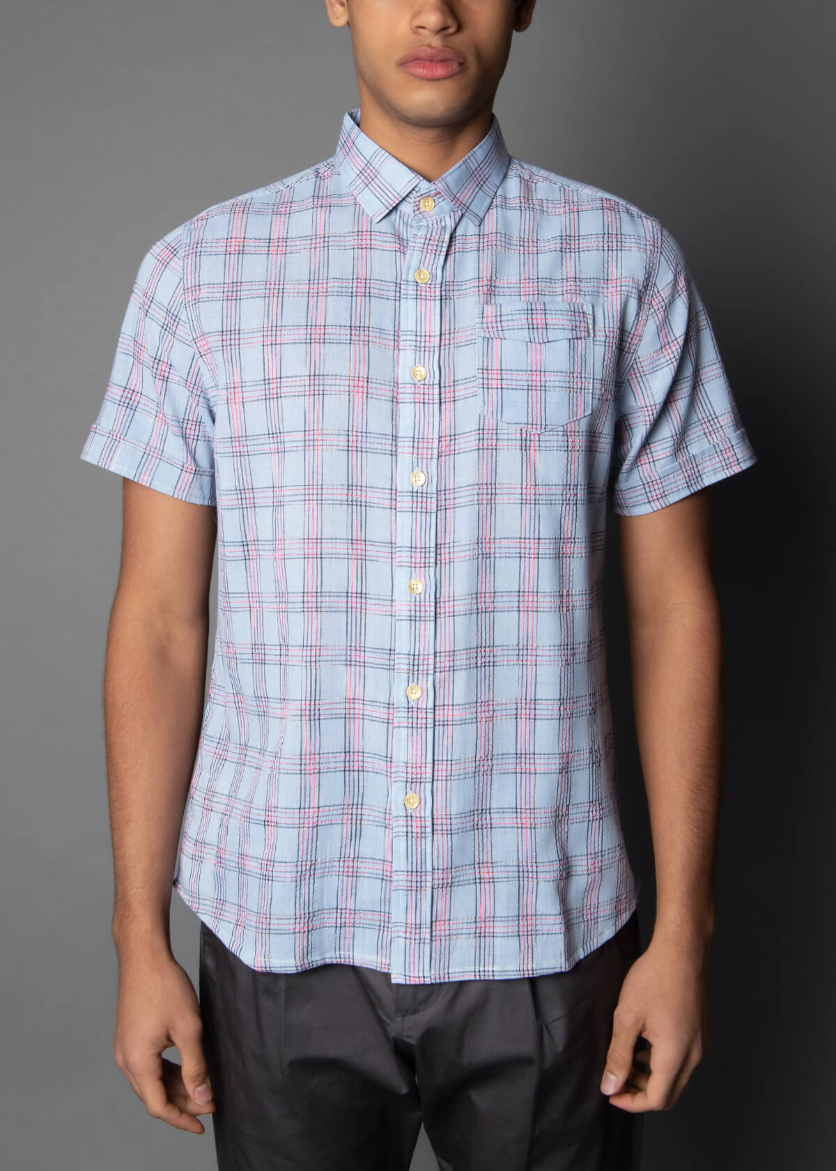 pink and blue plaid short sleeve shirt for men
