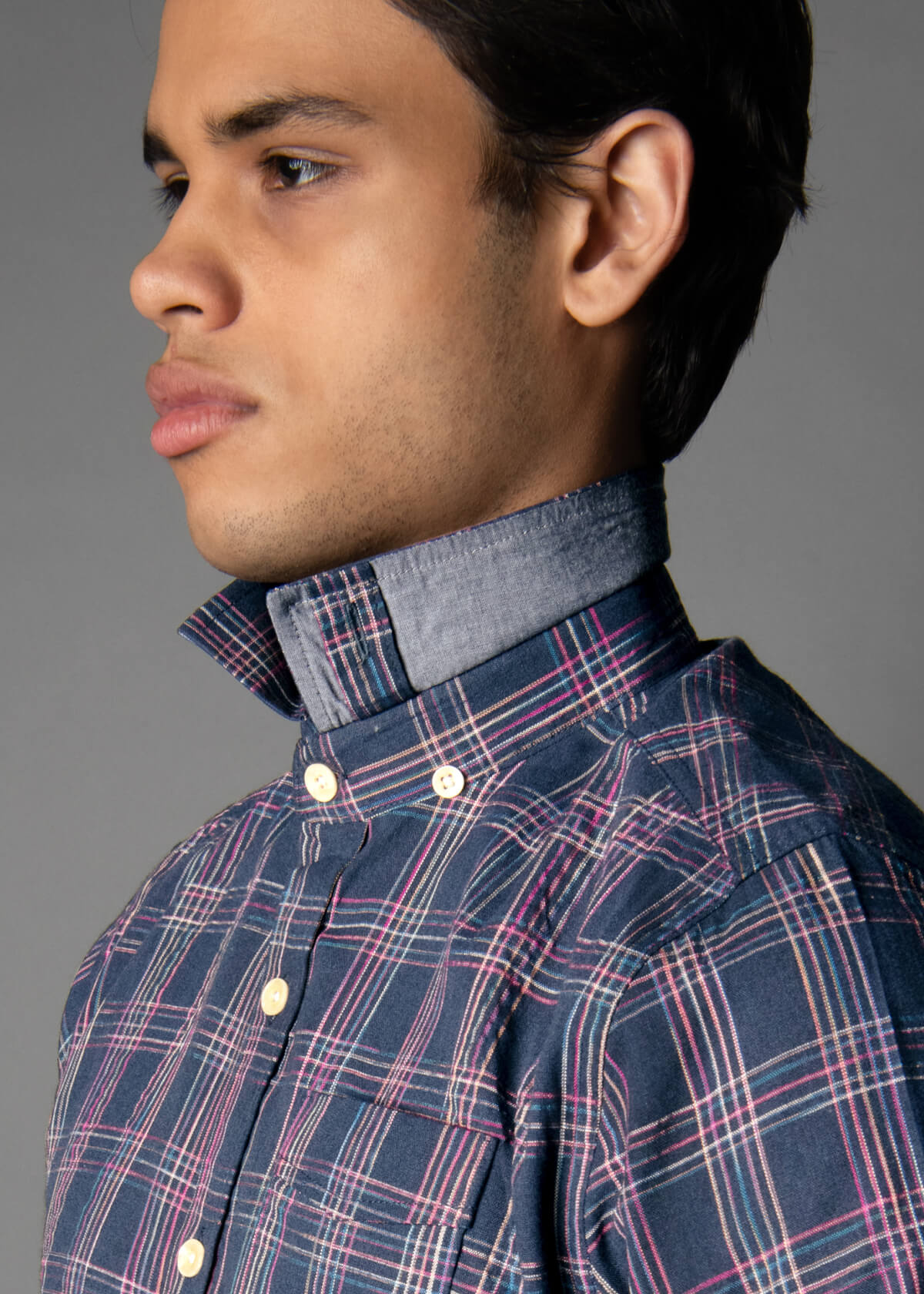 men's short sleeve check shirt in navy and pink tones