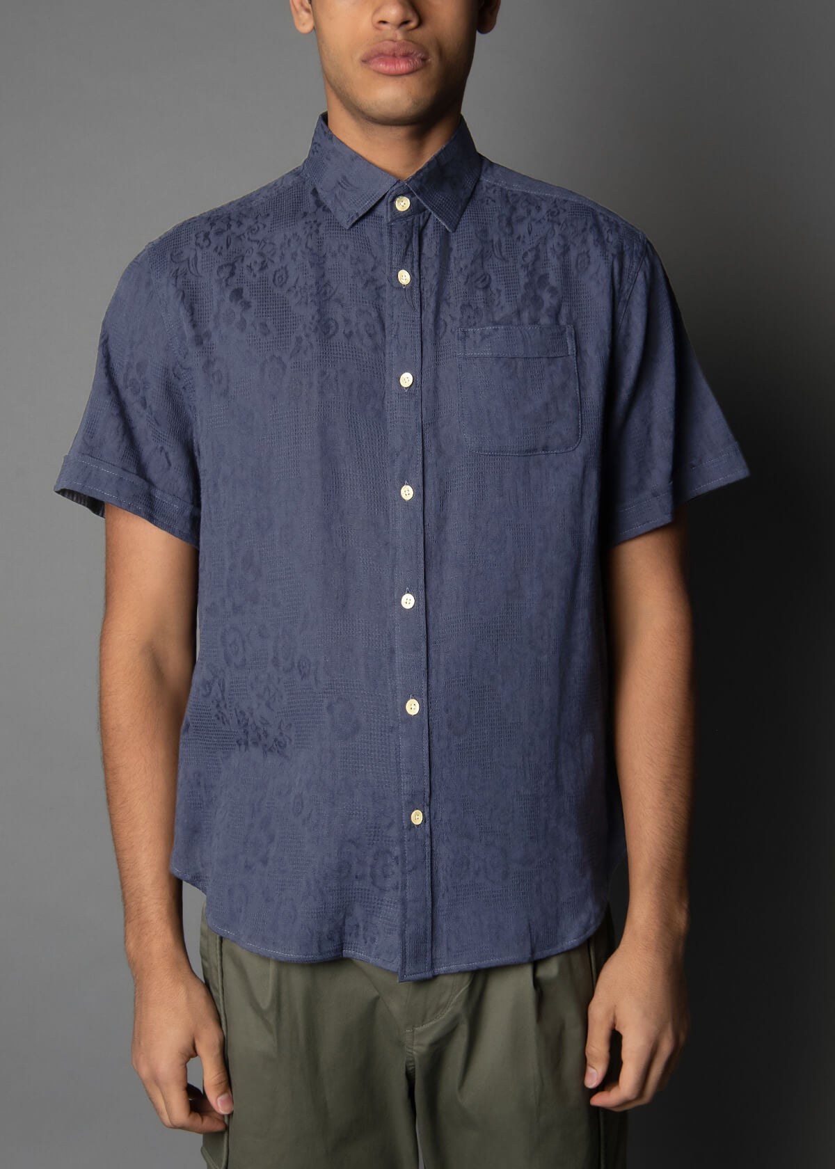 woven jacquard fabric navy short sleeve mens shirt