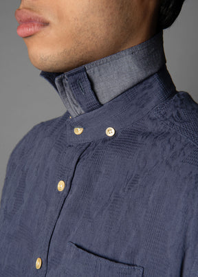 navy blue short sleeve mens shirt crafted from a woven jacquard fabric