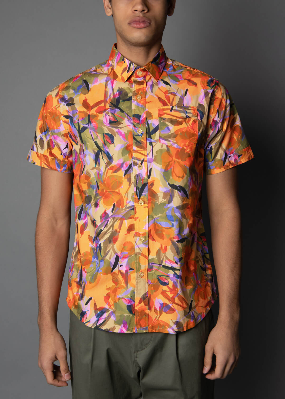 short sleeve flower print mens shirt in orange, yellow and green tones