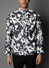 mens shirt with a black base and white floral print