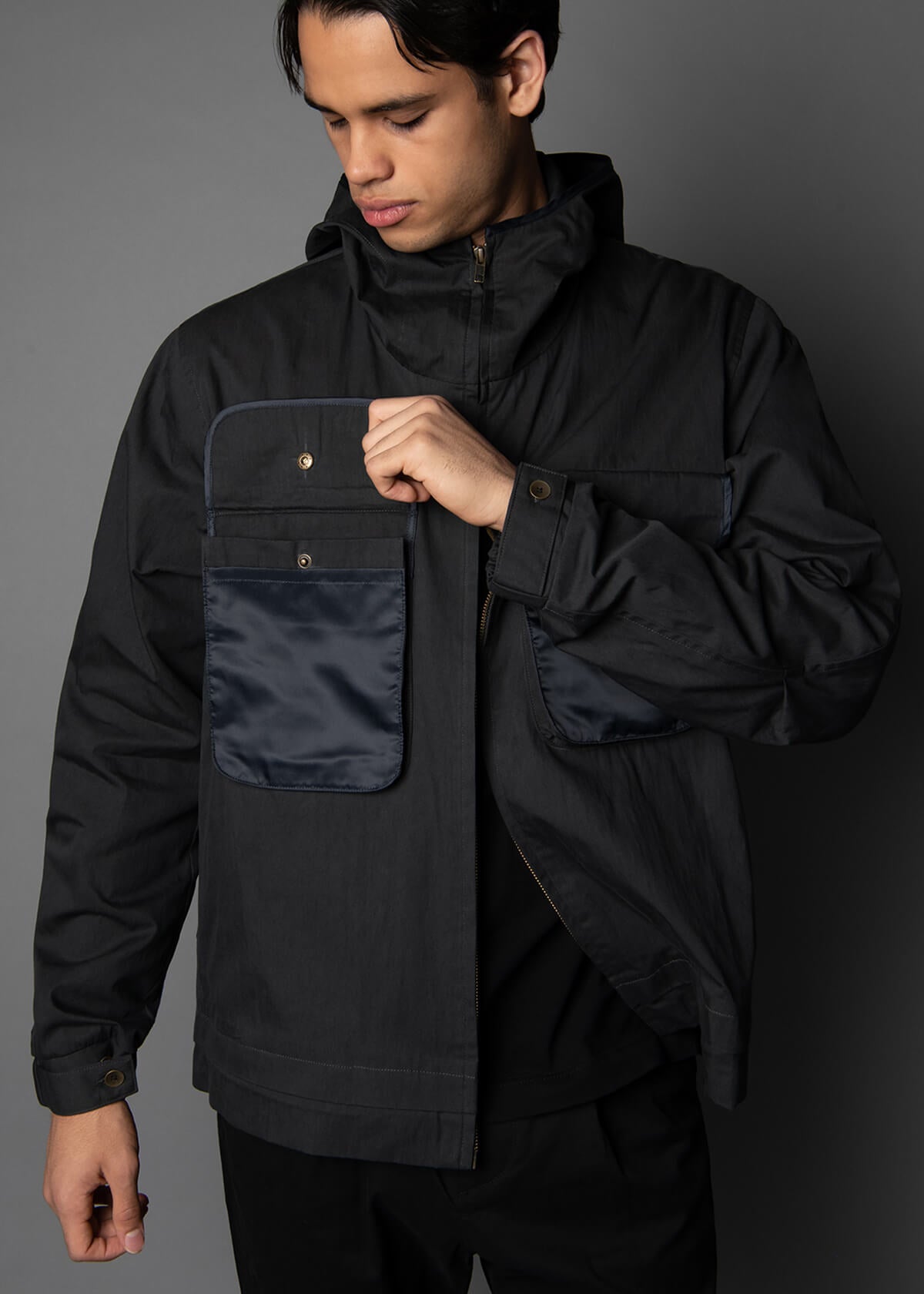 men's black lightweight hooded utility cargo jacket