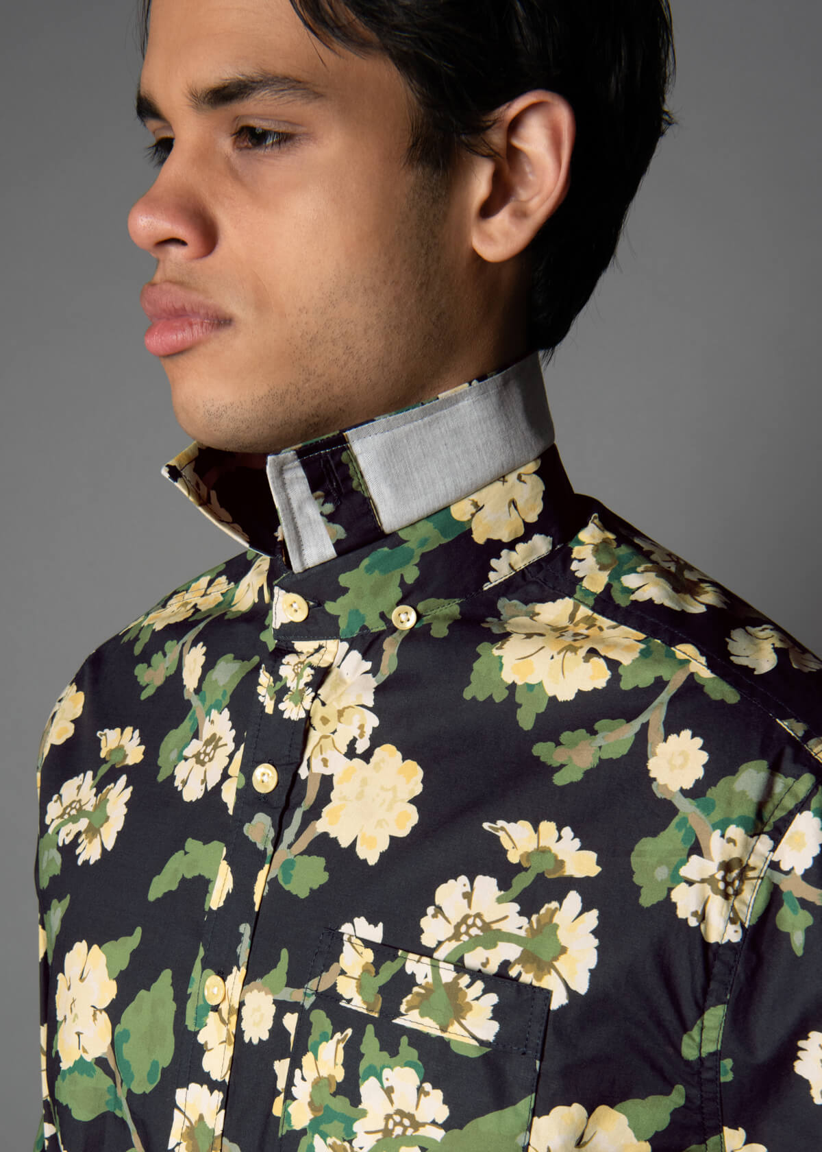 black 100% cotton shirt with a green and yellow floral print for men 
