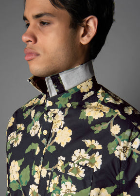 black 100% cotton shirt with a green and yellow floral print for men 