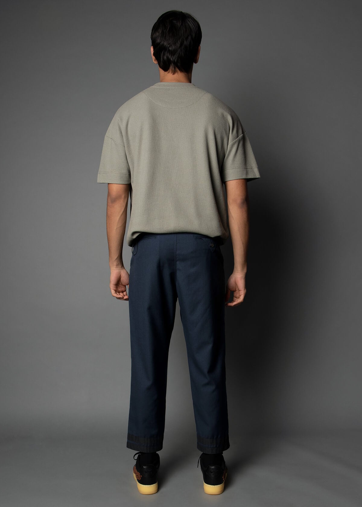 wide, cropped navy blue pants for men