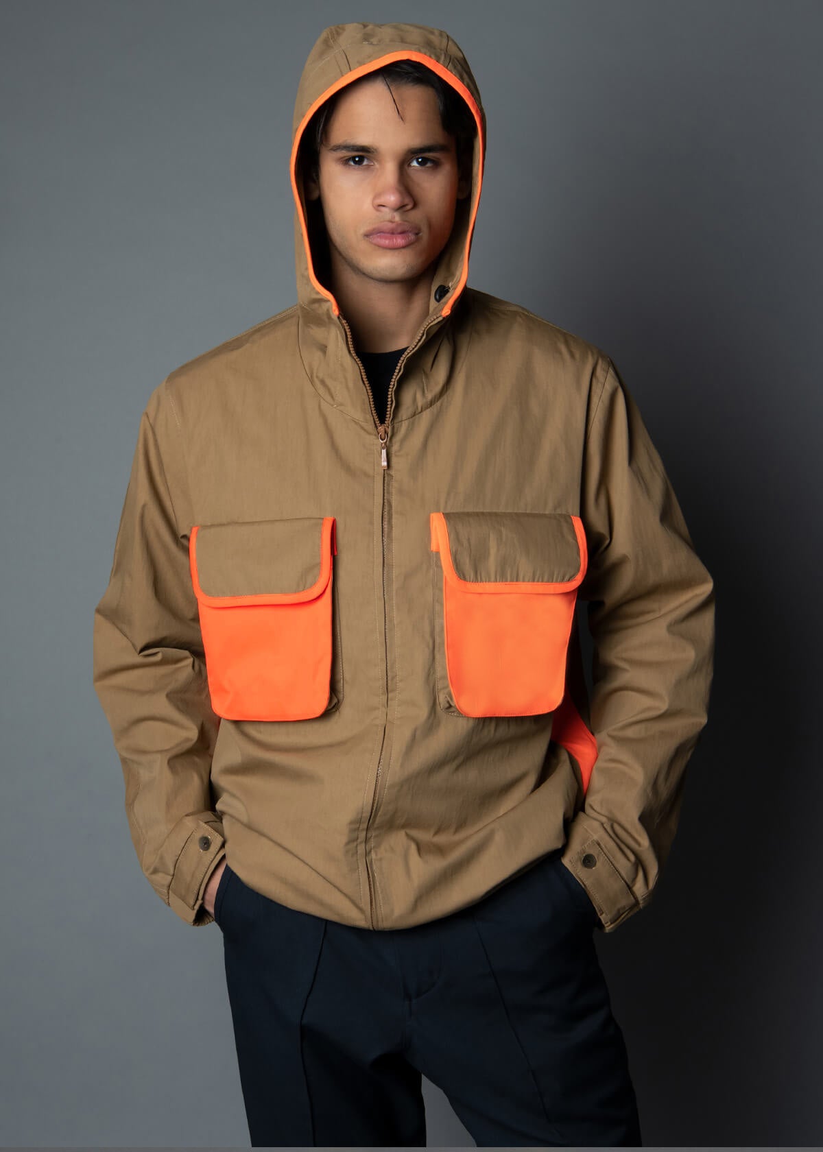 men's almond lightweight hooded utility cargo jacket