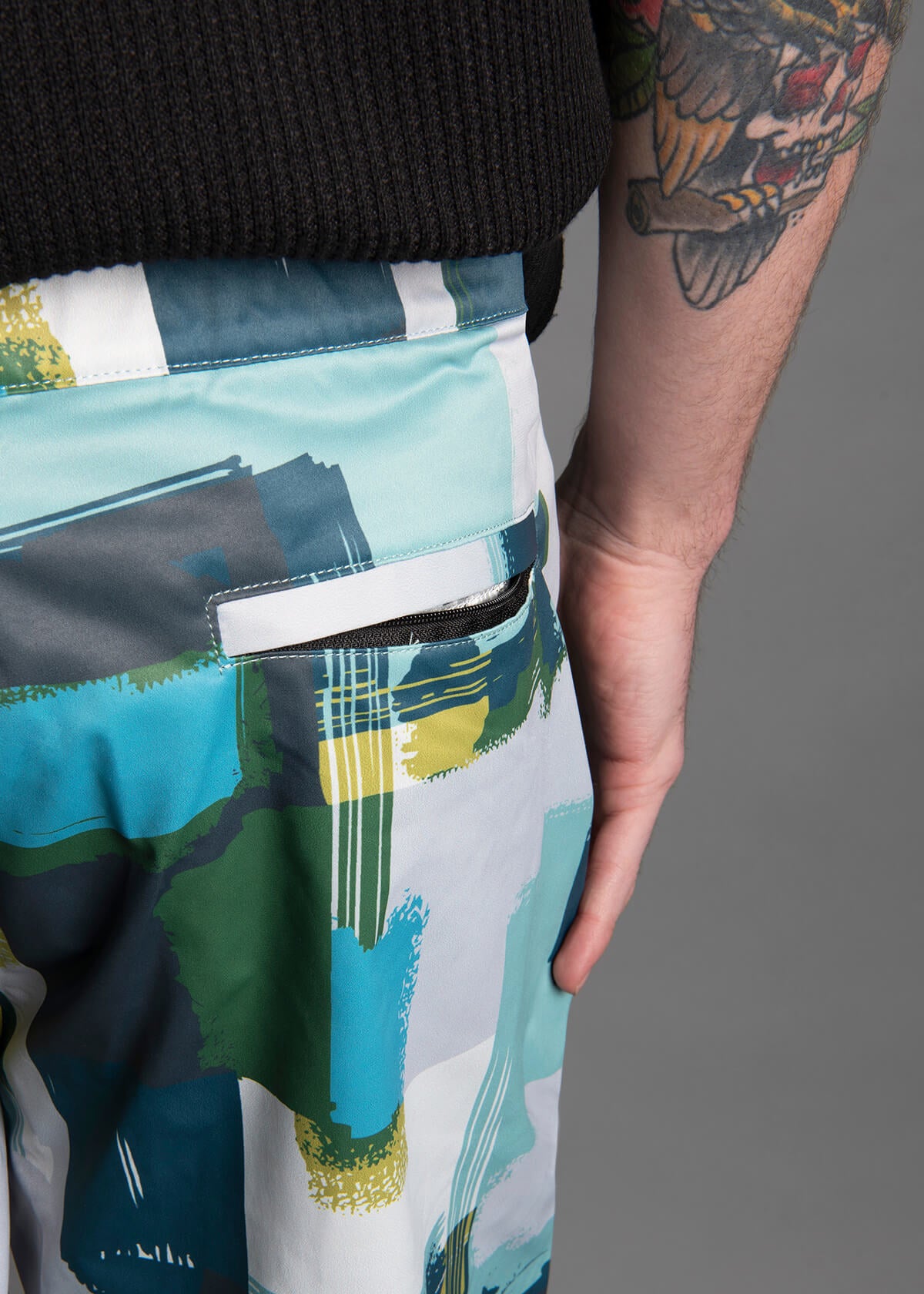 men's quick dry swimwear with a block art pattern